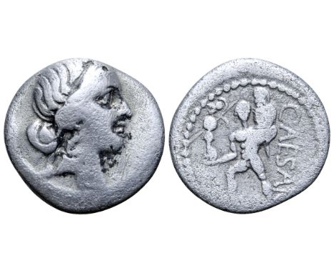 Julius Caesar AR Denarius. African mint, 47-46 BC. Diademed head of Venus right / Aeneas advancing left, carrying palladium i