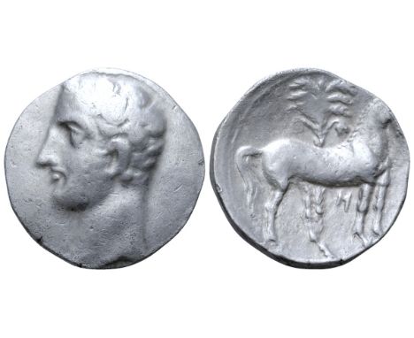 North Africa, Carthage AR Shekel. Time of Hannibal. Carthago Nova, circa 218-206 BC. Bare male head (Hannibal?) left / Horse 