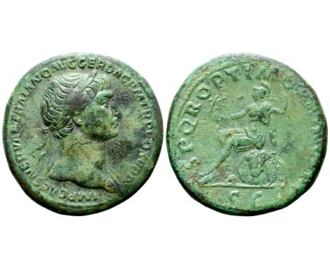 Trajan Æ Sestertius. Rome, AD 103-111. IMP CAES NERVAE TRAIANO AVG GER DAC P M TR P COS V P P, laureate head right, drapery o