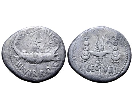 Marc Antony Legionary AR Denarius. Military mint moving with Antony, autumn 32 - spring 31 BC. ANT•AVG III•VIR•R•P•C, praetor