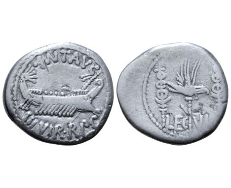 Marc Antony Legionary AR Denarius. Military mint moving with Antony, autumn 32 - spring 31 BC. ANT•AVG III•VIR•R•P•C, praetor