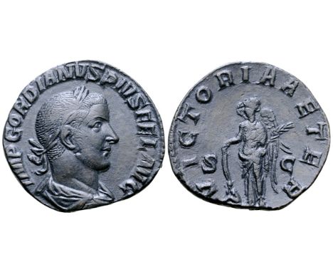 Gordian III Æ Sestertius. Rome, AD 243-244. IMP GORDIANVS PIVS FEL AVG, laureate, draped and cuirassed bust right / VICTORIA 