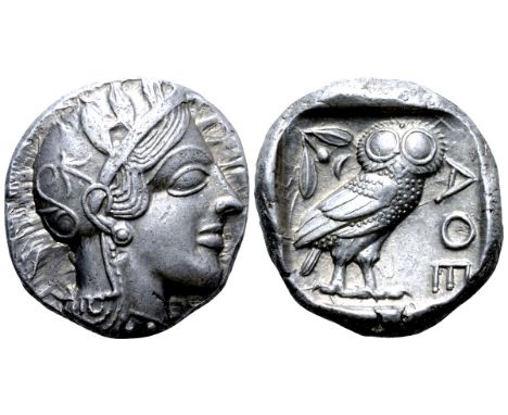 Attica, Athens AR Tetradrachm. Circa 454-404 BC. Head of Athena right, wearing earring, necklace, and crested Attic helmet de