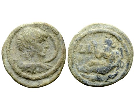 Antinous PB Tessera of Alexandria, Egypt. Circa 2nd-3rd centuries AD. Draped bust right, wearing hem-crown; crescent before /