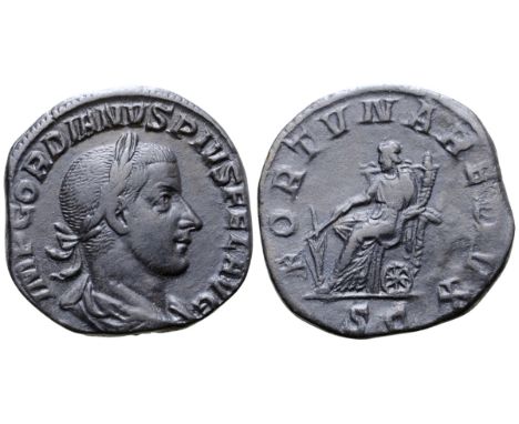 Gordian III Æ Sestertius. Rome, AD 243-244. IMP GORDIANVS PIVS FEL AVG, laureate, draped and cuirassed bust right / FORTVNA R