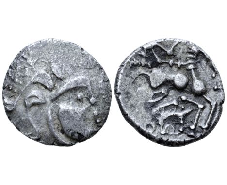 Northwest Gaul, the Baiocasses BI Stater. Circa 100-50 BC. Celticised head right; [boar above] / Ceticised horse galloping ri