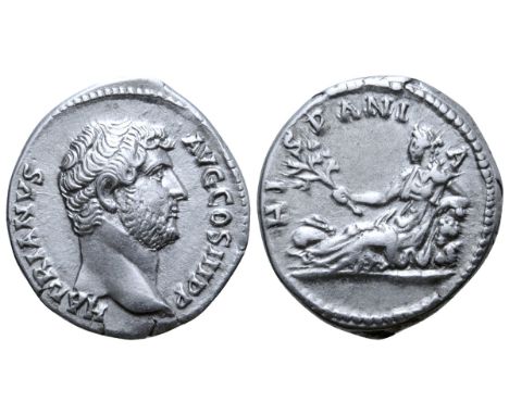 Hadrian AR Denarius. Rome, AD 134-138. HADRIANVS AVG COS III P P, bare head right / HISPANI, Hispania reclining left, holding