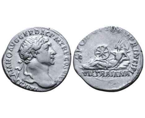 Trajan AR Denarius. Rome, AD 112-117. IMP TRAIANO AVG GER DAC P M TR P COS VI P P, laureate head right / S P Q R OPTIMO PRINC