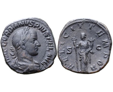 Gordian III Æ Sestertius. Rome, AD 243-244. IMP GORDIANVS PIVS FEL AVG, laureate, draped and cuirassed bust right / FELICIT T