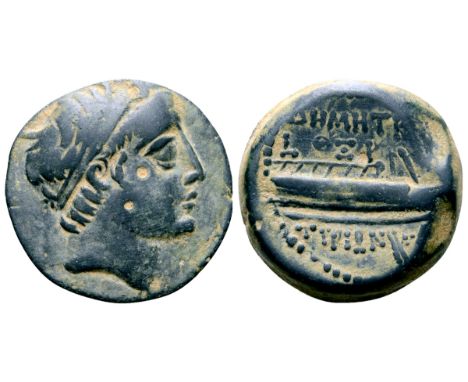Seleukid Empire, Demetrios II Nikator Æ19. Tyre, SE 169 = 144-3 BC. Diademed head right / [BA?I?E??] ?HMHTP[IOY] in two lines
