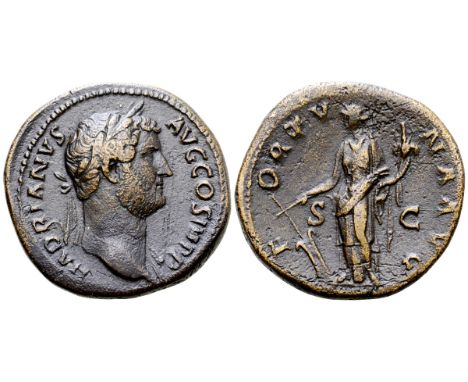 Hadrian Æ Sestertius. Rome, AD 134-138. HADRIANVS AVG COS III P P, laureate bust right, slight drapery on far shoulder / FORT