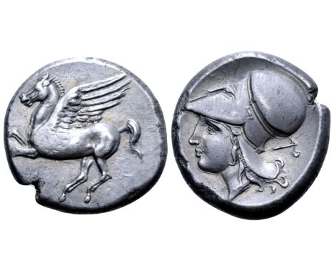 Corinthia, Corinth AR Stater. Circa 300 BC. Pegasos flying left, Q below / Helmeted head of Athena left; axe behind. Pegasi 4