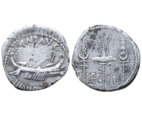 Marc Antony Legionary AR Denarius. Military mint moving with Antony, autumn 32 - spring 31 BC. ANT•AVG III•VIR•R•P•C, praetor
