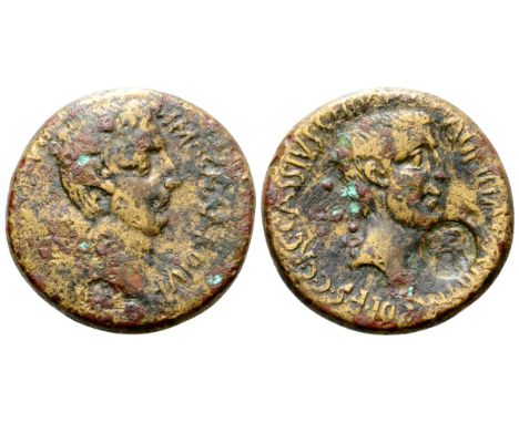Augustus, with Agrippa, Æ Assarion of Apameia, Bithynia. C. Cassius C.f., duovir, 27 BC. IMP CAESAR DIVI F AVGVSTO COS VII, b