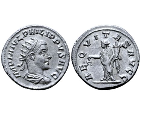 Philip II AR Antoninianus. Antioch, AD 246-249. IMP M IVL PHILIPPVS AVG, radiate, draped and cuirassed bust right / AEQVITAS 