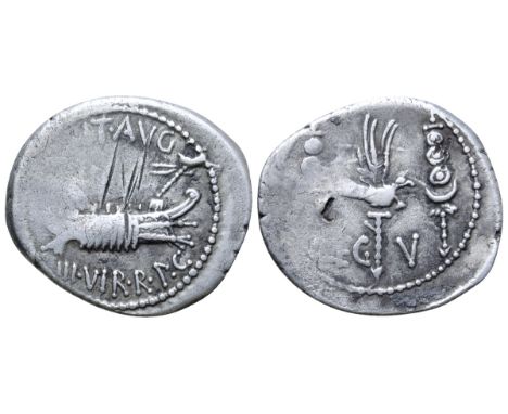Marc Antony Legionary AR Denarius. Military mint moving with Antony, autumn 32 - spring 31 BC. ANT•AVG III•VIR•R•P•C, praetor