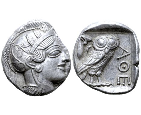 Attica, Athens AR Tetradrachm. Circa 454-404 BC. Head of Athena right, wearing earring, necklace, and crested Attic helmet de