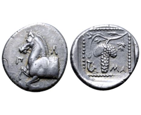 Thrace, Maroneia AR Triobol. Circa 398-385 BC. Forepart of horse to left; ?-? flanking / Grape bunch on vine; rhyton to lower