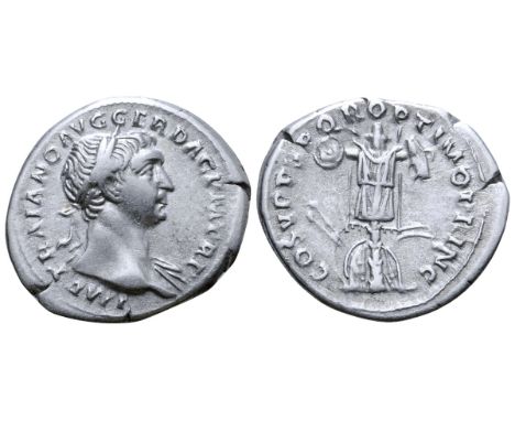 Trajan AR Denarius. Rome, AD 107-108. IMP TRAIANO AVG GER DAC P M TR P, laureate bust right, slight drapery on left shoulder 