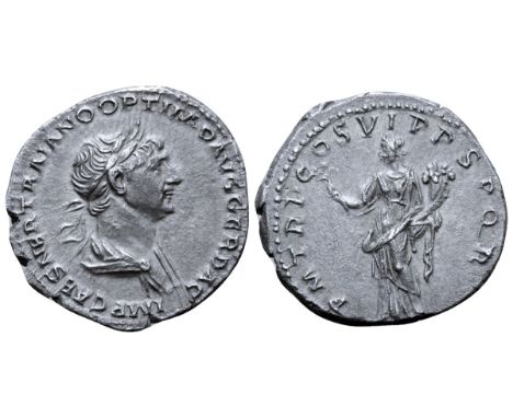 Trajan AR Denarius. Rome, AD 116. IMP CAES NER TRAIANO OPTIMO AVG GER DAC, laureate and draped bust right / P M TR P COS VI P