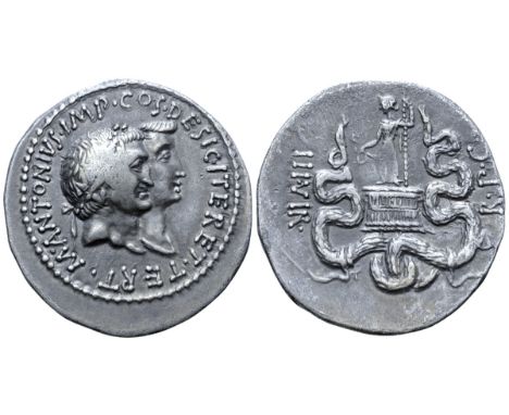 Marc Antony and Octavia AR Cistophoric Tetradrachm of Ephesus, Ionia. 39 BC. M•ANTONIVS•IMP•COS•DESIG•ITER•ET•TERT, conjoined