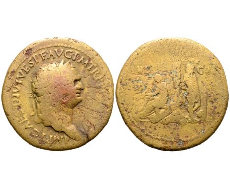 Titus Æ Sestertius. Uncertain mint in Thrace, AD 80-81. IMP T CAES DIVI VES P F AVG P M TR P P P COS VIII, laureate head righ