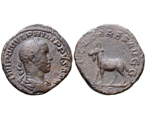 Philip II Æ Sestertius. Rome, AD 248. IMP M IVL PHILIPPVS AVG, laureate, draped and cuirassed bust right, seen from behind / 