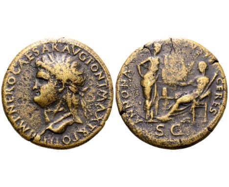 Nero Æ Sestertius. Lugdunum, AD 64-7. IMP NERO CAESAR AVG PONT MAX TR POT P P, laureate bust left; globe at point of bust; c/