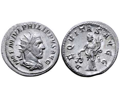 Philip I AR Antoninianus. Antioch, AD 244-247. IMP M IVL PHILIPPVS AVG, radiate, draped and cuirassed bust right / AEQVITAS A