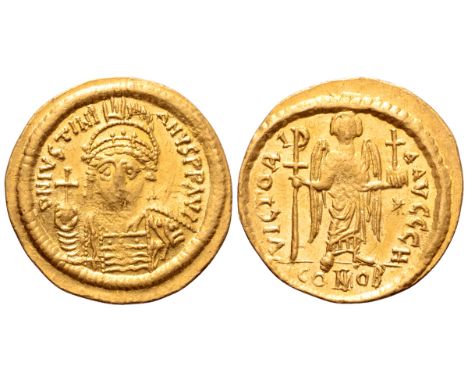 Justinian I AV Solidus. Constantinople, AD 527-565. D N IVSTINIANVS P P AVG, pearl-diademed, helmeted and cuirassed bust faci