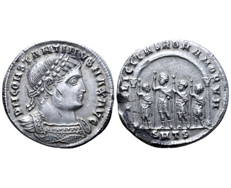 Constantine I AR Light Miliarense. Thessalonica, AD 326-327. D N CONSTANTINVS MAX AVG, laureate and cuirassed bust right, wit