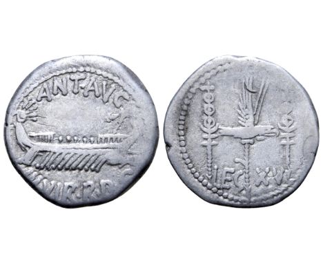 Marc Antony Legionary AR Denarius. Military mint moving with Antony, autumn 32 - spring 31 BC. ANT•AVG III•VIR•R•P•C, praetor