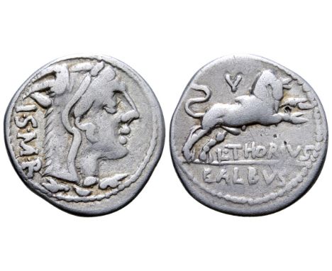 L. Thorius Balbus AR Denarius. Rome, 105 BC. Head of Juno Sospita right, wearing goat skin headdress; I•S•M•R downwards behin