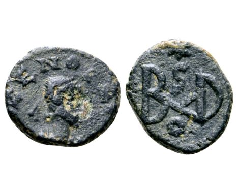 Ostrogoths, Baduila Æ Nummus. In the name of Zeno(?). Ticinum, AD 541-552. ZENO..., pearl-diademed and draped bust right / Mo