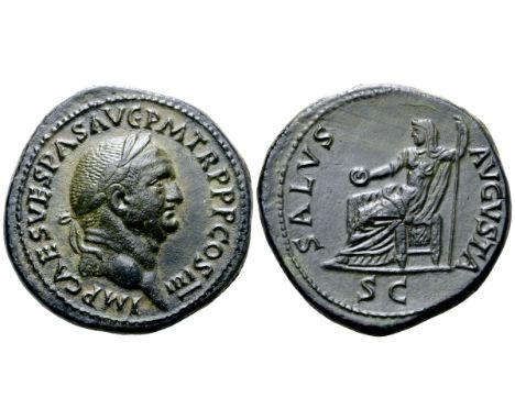 Vespasian Æ Sestertius. Rome, AD 72. IMP CAES VESPAS AVG P M TR P P P COS IIII, laureate head right / SALVS AVGVSTA, S C in e