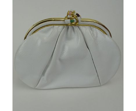 Judith Leiber Snakeskin Shoulder bag with Gold Tone Metal, Amethyst, Jade and Rose Quartz Clasp. Signed. Good condition or be