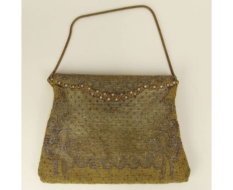 Vintage French Beaded Purse. Unsigned. Wear, Bend to Hinge or else Good Condition. Measures 6-1/2 Inches Tall and 9 Inches Wi