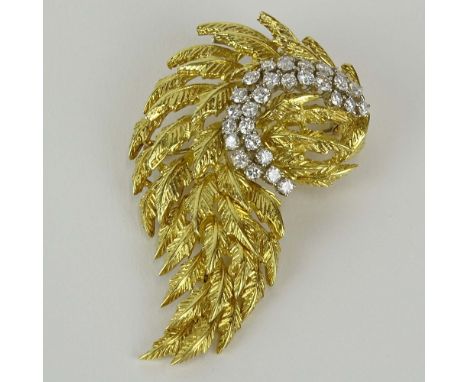 Lady's Vintage Approx. 1.10 Carat Round Cut Diamond and 14 Karat Yellow Gold Articulated Branch Brooch. Diamonds F-G color, V
