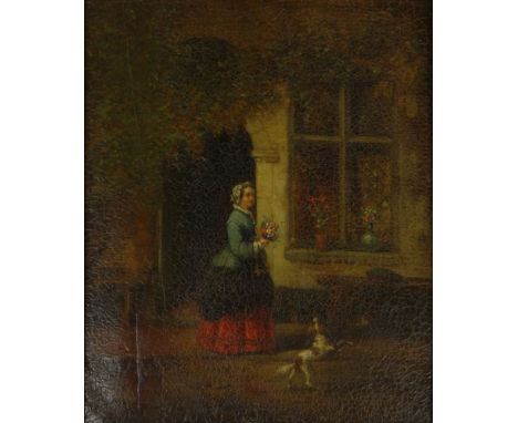 18/19th Century Oil on Panel. "Woman With Flowers" Signed with Initials Lower Left HD or HB. Brass Tag on Frame Reads: Harold