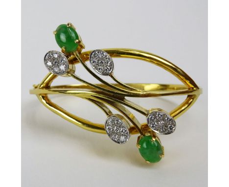 Lady's Vintage Pave Set Round Cut Diamond, Jade and 14 Karat Yellow Gold Bangle Bracelet. Diamonds G-H color, VS clarity. Sig