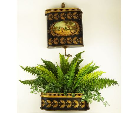 Vintage 2 piece toleware planter. Hand painted. Unsigned. Top measures 18" x 12" x 3-3/4", Bottom measures 10-1/4" x 14" x 5-