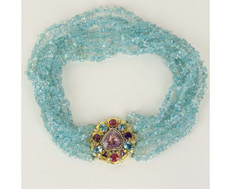 Lady's Vintage Blue Topaz Bead Torsade Necklace with 10 Karat Yellow Gold Clasp Set with Amethyst, Topaz and Single Cut Diamo