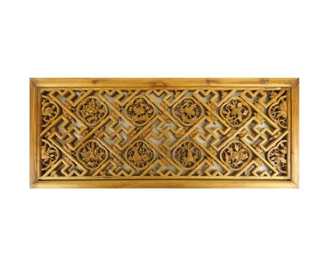 19th C Chinese Carved Softwood Decorative Panel. Pierced latticework center carved with birds and floral sprays. Unsigned. Go