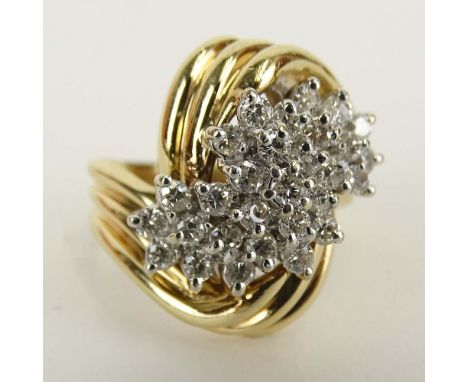 Lady's Vintage Round Cut Diamond and 14 Karat Yellow Gold Cluster Ring. Diamonds H-I color, SI clarity. Signed 14K. Good cond