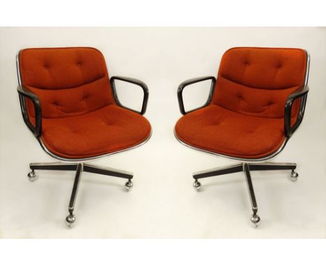 Pair Vintage Knoll Swivel Executive Office Chairs. Original Orange Fabric Upholstery on Metal and Plastic Frames. Knoll Label