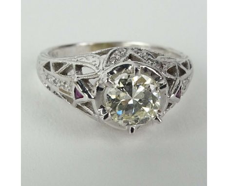 Lady's Art Deco Approx. .88 Carat Round Cut Diamond and 14 Karat White Gold Engagement Ring. Diamond K-L color, SI1 clarity. 