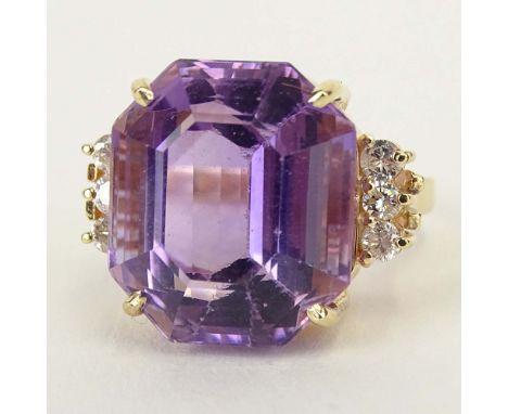 Lady's Vintage Amethyst and 14 Karat Yellow Gold Ring with Diamond Accents. Signed 14K. Amethyst measures 16mm x 14mm. Good c