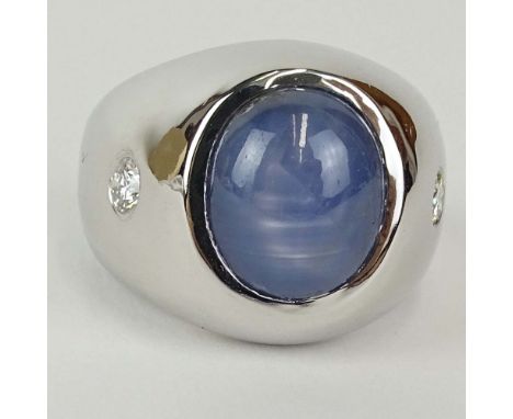 Man's Vintage Approx. 12.01 Carat Star Sapphire, .50 Carat Round Cut Diamond and 14 Karat White Gold Ring. Signed 14K. Very g