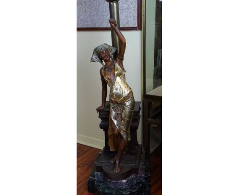 Vintage French Metal Egyptian Revival Figural 5 Light Floor Lamp. On stepped marble base. Unsigned. The center poll is a bit 