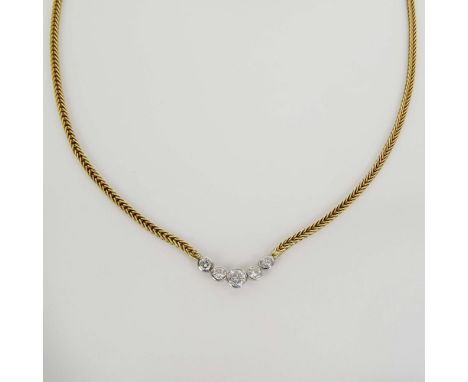 Lady's Vintage Round Cut Diamond and 14 Karat Yellow Gold Necklace. Diamonds G-H color, SI clarity. Signed 14K. Good conditio
